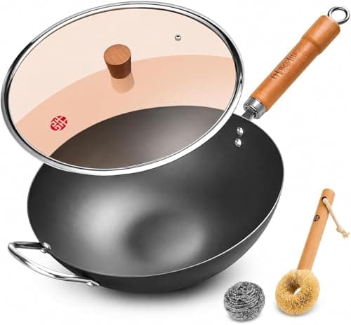 WANGYUANJI 12.6 Inch Carbon Steel Wok with Lid, Flat Bottom Wok Pan for Induction, Electric and Gas Stoves, Uncoated Chinese Stir Fry Pan with Wooden Handle - Image 1