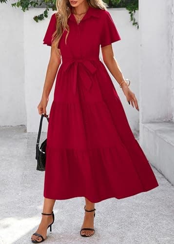KIRUNDO Summer Button Down Wedding Guest Shirt Dresses for Women Maxi Flutter Short Sleeve Flowy Tiered Beach Sun Dress(Wine Red, Medium) - Thumbnail 5