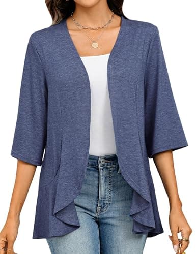 Totatuit Oversized Cardigan Sweaters for Women 3/4 Sleeve Open Front Ruffle Shawl Wraps 2025 Trendy Lightweight Jackets Navy Blue - Image 1