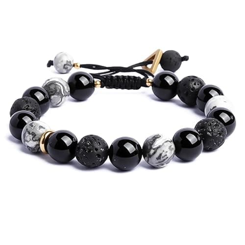 SAMXY Black Obsidian Bracelet for Men,Lava Rock Stone Bead Bracelet, 10mm handmade natural stone beaded healing bracelet,Adjustable Protection Bracelet for Men Spiritual - Image 1