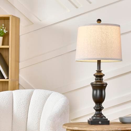 SAIWEYA 27.5" Set of 2 Farmhouse Table Lamps for Bedroom, 3 Way Dimmable Bedside Lamp with 2 USB +AC Outlet Nightstand Lamps for Living Room Resin Rustic Touch Lamps - Thumbnail 3