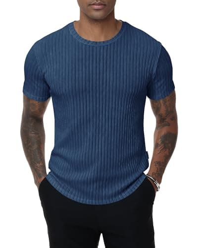 ZKMAN Men's Ribbed Knit Texture T-Shirt Casual Short Sleeve Crew Neck Stretch Slim Fit Solid Summer T Shirts Tops(Navy Blue M) - Image 1