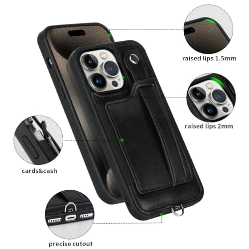 TOOVREN Phone Cover Compatible with iPhone 15 Pro Max Case with Wallet Strap Card Holder Stand Leather Cover Fits iPhone 15 Pro Max Wallet Case Lanyard for Women & Men 6.7 Inch Black - Thumbnail 3