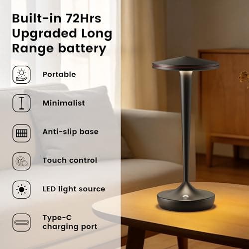 JALVDE Cordless Lamp Rechargeable LED Table Light,48Hrs Battery Operated Table Lamp,Potable Lamp with Stepless Dimming and Waterproof Lamp for Kitchen,Dining,Shower,Outdoor Patio,Camping (1PBlack) - Thumbnail 4