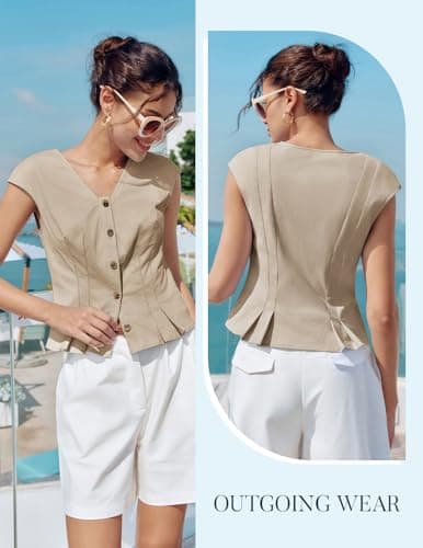 Kate Kasin Womens Button Down Crop Tops, Cap Sleeve Work Shirt, Slim Fit Cute Vest Trendy Khaki - Thumbnail 2