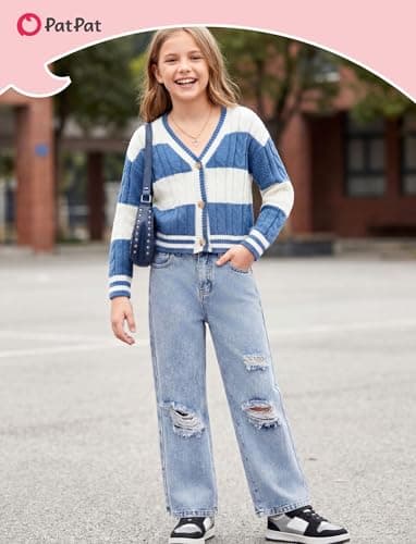 PATPAT Baggy Girls Jeans Wide Leg Denim Pants Ripped High Waist Elastic Y2K Trendy Jeans for Teens with Pockets Light Blue 13-14Y - Thumbnail 3