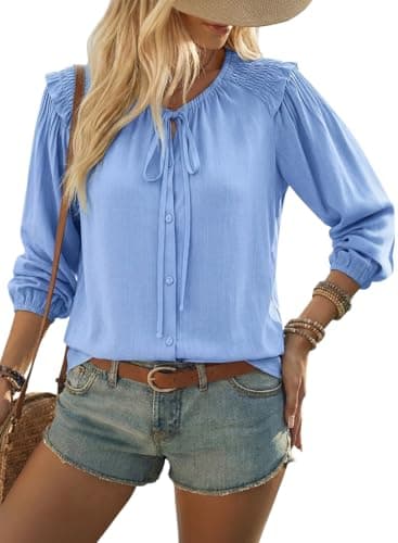Dokotoo Lightweight Tops & Blouses Fashion Tie Front Shirts Long Lantern Sleeve Babydoll Peplum Blouse 2026 Summer Flowy Blouses Button Shirts Dressy Casual Blue Large - Image 1