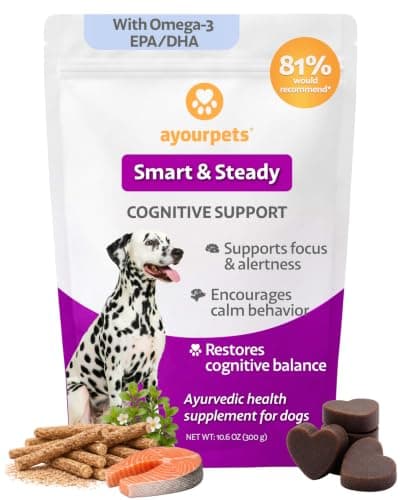 Ayourpets Senior Dog Brain & Cognitive Support Chews – Memory, Focus & Mental Clarity with Brahmi, Ashwagandha & Omega-3 – Ayurvedic Herbal Formula – Fish Flavor – 90 Count