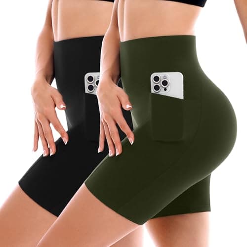 SINOPHANT 2 Pack Biker Shorts for Women with Pockets High Waisted Yoga Running Shorts for Womens Gym Workout ArmyGreen LXL