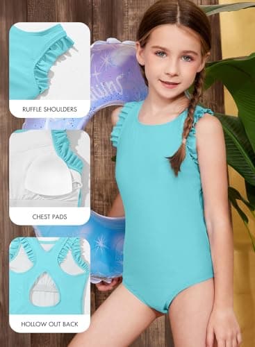 DOKOTOO KIDS Girls Swimsuit Summer Little Girl Ruffle Sleeveless Swim Suits Cute One Piece Swimwear Beachwear Casual Solid Cross Back Hollow Out Bathing Suit Mint Blue Size 6 7 Years Old - Thumbnail 2