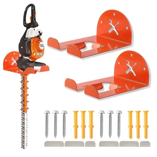 Upgraded Trimmer Rack Wall Mount - 8" Heavy Duty Weed Eater Hanger for Garage Wall, Garden Power Tool Holder Organizer Hooks for Grass Trimmer, Hedge Trimmer, Leaf Blower and Chainsaw, Orange, 2 Pack