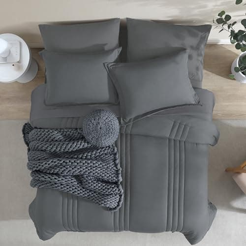 Monbix California King Size Comforter Set - 7 Pieces Bed in a Bag California King, Grey Bedding Sets with Comforter, All Seasons Comforter Bed Set with Sheets, Pillowcases & Shams - Thumbnail 5