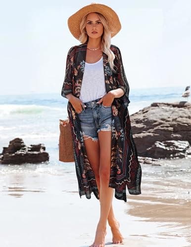 Kimonos for Women Casual Swimsuit Coverup Lightweight Boho Kimono Cardigans for Summer Floral Beach Bathing Suit Black Floral 3X-Large - Thumbnail 5