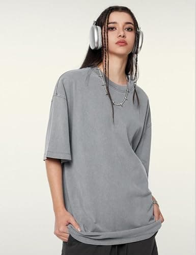 Yimoon Oversized Tshirts for Women Acid Wash Cotton Tee Shirts Baggy Boyfriend Vintage Streetwear Tops(Greykhakibeige-S) - Thumbnail 2