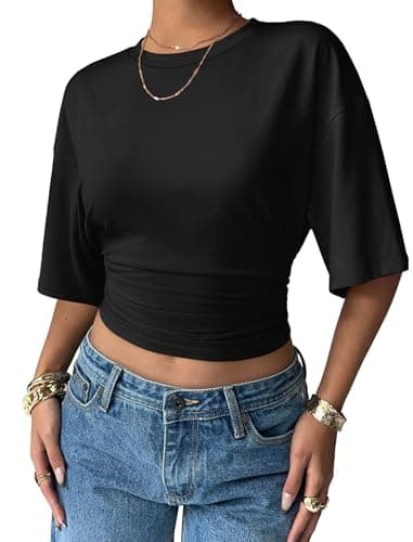 Sampeel Oversized Tshirts Shirts for Women Summer Crop Tops Trendy 2026 Black T Shirts Loose Fit Spring Outfits Dressy Casual Batwing Sleeve Women's Tops Tees and Blouses L - Image 1