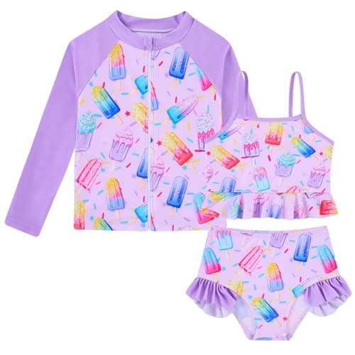 Funnycokid 3T 4T Swimsuit Kids Little Girls Ice Cream Purple Bathing Suit Ruffle Rashguard Sets Sun Protection Long Sleeve 3 Piece Tankini Bottoms - Image 1