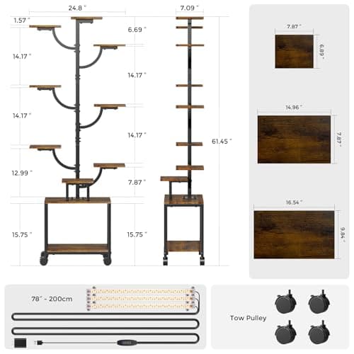 Plant Stand Indoor with Grow Lights - 9-Tier Plant Stand with Wheels, Tall Metal and Wood Indoor Plant Shelf with Tree Design, Rolling Flower Pot Holder Rack with Waterproof Finish, Adjustable Display Stand for Home Garden, Patio, 62" Tall - Thumbnail 6