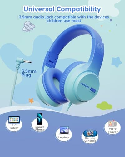 awatrue Kids Headphones, 74/85/94dB Volume Limiter, Foldable Wired Over Ear Headphones for Travel, 3.5mm Jack, Toddler Headphones for School, Chromebook, iPad, Tablet, Blue - Thumbnail 6