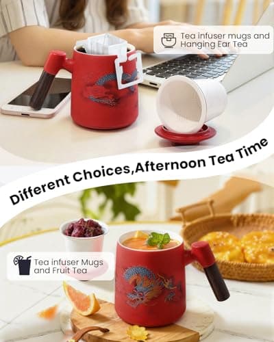 Foinly Ceramic Tea Cup with Infuser and Lid, 13.5 oz Tea Mug for Loose Leaf Tea,Wood Handle,Chinese Dragon Design,All Porcelain Strainer,BPA-Free, Perfect for Tea Lovers/Birthday/Mother's Day (Red） - Thumbnail 6