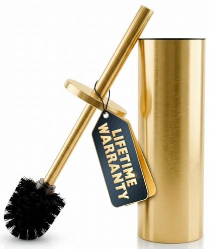 Gold Toilet Brush and Holder Set - Brushed Stainless Steel Gold Toilet Bowl Brush and Holder with Replaceable Head, Removable Inner Bowl, and Splash Protection - Dense Bristles for Thorough Cleaning - Image 1