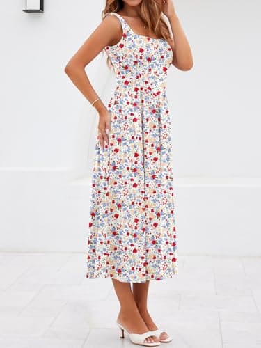 YIOYOLA Sundresses for Women 2026 Casual Dress for Women with Pockets High Waist Square Neck Midi Red Blue Floral Vacation Dresses(YYL645-Blue Red F 01,XL) - Thumbnail 4