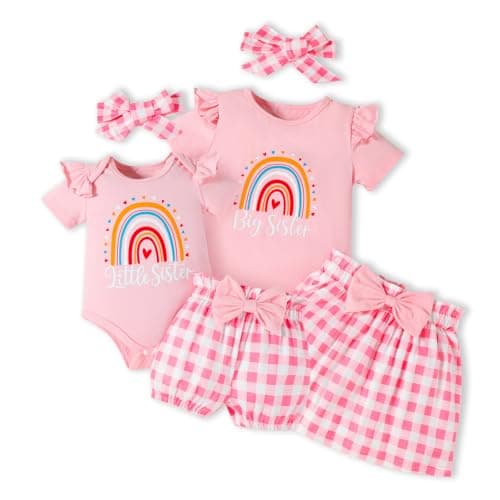 FAMIHAO Big Sister Little Sister Matching Outfits Toddler Girl T-shirt Tops with Skirt+Headband Clothes Set 3Pcs,1-2Y - Image 1
