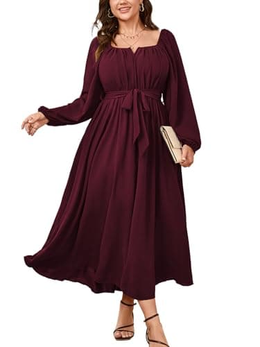 SCOMCHIC Women Plus Size Maxi Dress Long Sleeve Square Neck Wedding Guest Cocktail Belted Elegant Flowy A Line Long Dresses Burgundy - Image 1
