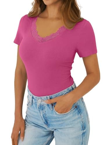 GKBK V Neck T Shirts for Women Lace Tops Going Out Casual Ribbed Tight Fitted Shirts Basic Tee Shirt 2026 Spring Clothes Summer Fashion Outfits Trendy Hot Pink - Thumbnail 3