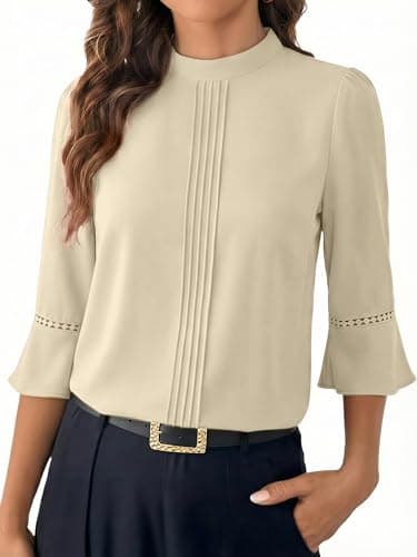 Funlingo 3/4 Sleeve Tops for Women Fashion 2026 Dressy Casual Work Blouses Mock Neck Loose Tunic Shirt Business Office Outfits Beige M - Image 1