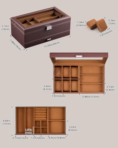 ProCase Mens Jewelry Box, Lockable 6 Slot Watch Case & 3 Slot Sunglasses Organizer, 2-layer Mens Jewelry Organizer Watch Box for Men, Watches Holder Display Storage Valentine Birthday Gifts -Brown - Thumbnail 6