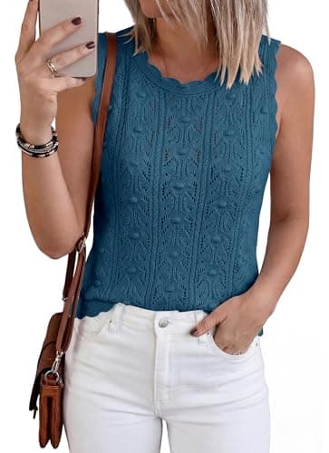 BTFBM Crochet Tank Tops for Women Hollow Out Sleeveless Loose Sweater Vest Top Summer Spring 2026 Beach Vacation Clothes(Dusty Blue, Large) - Thumbnail 2