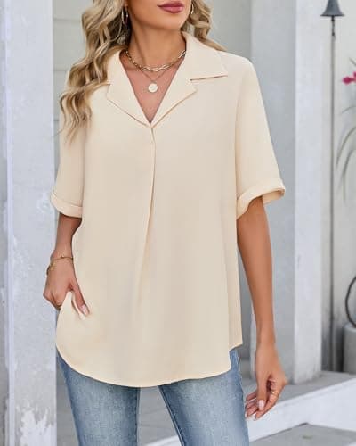 IEEILULU Women Striped Collared Shirt Casual Short Sleeve V Neck Blouse Tops Loose Fit Business Work Dressy Shirts Apricot Striped S - Thumbnail 2