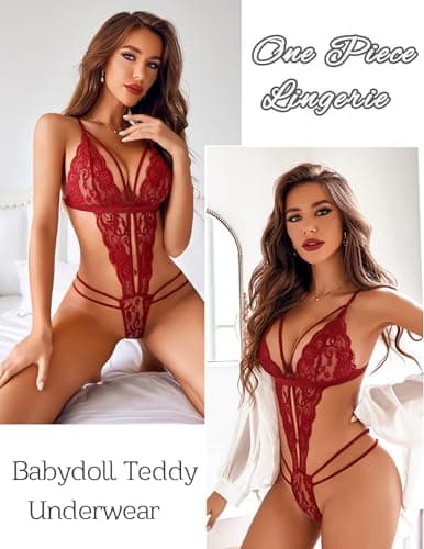 Avidlove Women Deep V Lingerie Teddy One Piece Bodysuit Lace Babydoll Bodysuit Lingerie Wine Red M - Thumbnail 4