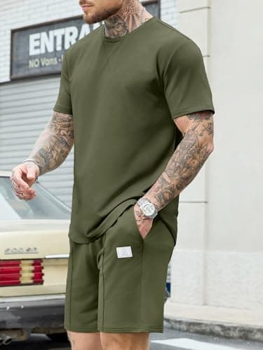JEMLDL Mens Two Piece Summer Outfit Lounge Wear Comfortable Fashion Short Sleeve Shirt & Shorts Casual Clothing Fashion Set Olive XL - Thumbnail 4