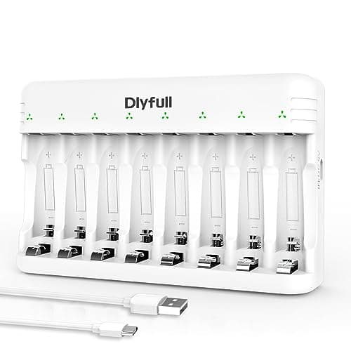 Dlyfull 8 Bay AA AAA Battery Charger with USB-C High-Speed Charging, Independent Slot for 1.2V Ni-MH Ni-CD Rechargeable Batteries, Cable Included