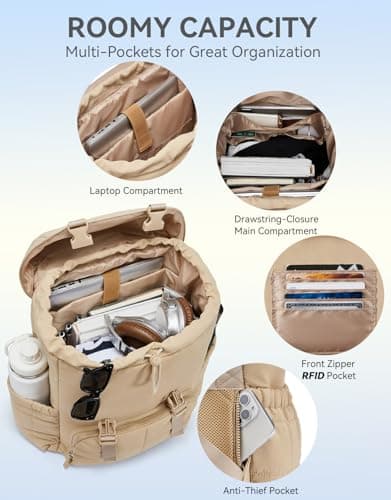 BOSTANTEN Puffer Backpack for Women, 15.6 Inch College Laptop Backpack with RFID Pocket, Water Resistant Casual Travel Daypack, Khaki - Thumbnail 2