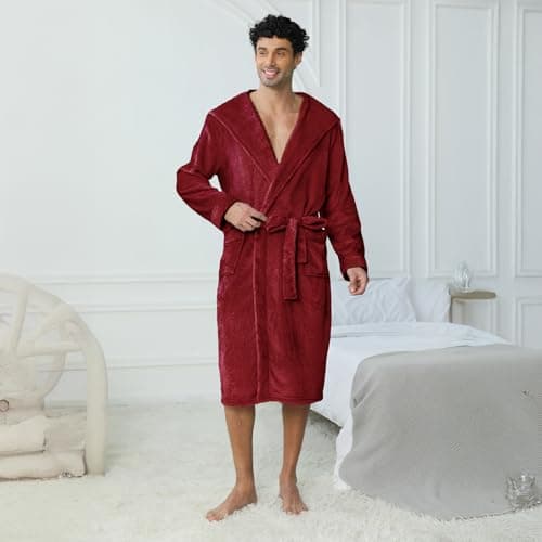 Lagtew Men's Hooded Fleece Bathrobe, Absorbent Anti-Static Plush Robe for Men with Pockets, Warm Soft for Home,BURGUNDY,L/XL - Thumbnail 3