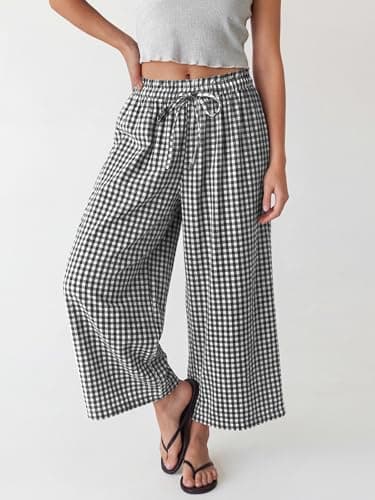 ANRABESS Womens Striped Gingham Palazzo Capri Pants Pajama Wide Leg Lounge Trousers Plaid Cute Crop PJ Bottoms with Pockets Black White Plaid X-Large - Thumbnail 4