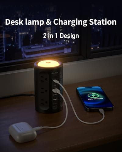 AnnTane Power Strip Tower with Night Light, Power Strip Surge Protector with USB Ports, Extension Cord 10 FT with Multiple Outlets (12AC+3A+2C) for Home Office Desk DormRoom (Black) - Thumbnail 3