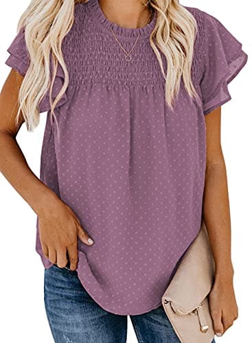Dokotoo Women's Ladies Sexy Lace Crewneck Ruffle Short Sleeve Smocked Shirts for Women Casual Loose Cute Swiss Dot Pom Pom Chiffon Blouses Tops Small Purple - Image 1