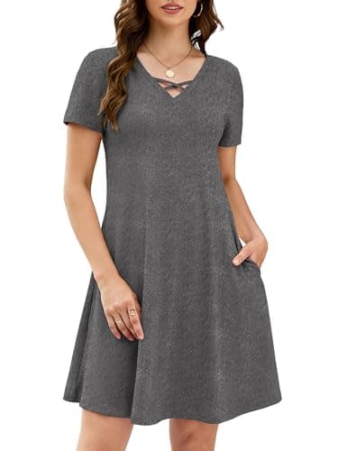 KORSIS Women's Midi Dresses Summer Casual T-Shirt Short Sleeve Criss Cross V Neck Swing Soft Loose Beach Party Vacation midi Soild Dress with Pockets (S-2XL) Deep Heather Grey - Image 1