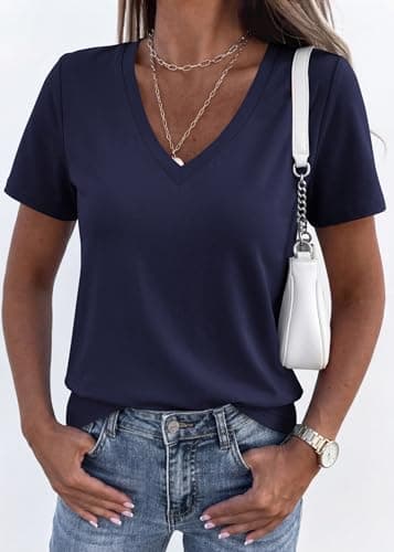 KIRUNDO V Neck T Shirts for Women Summer Tops Oversized Spring Short Sleeve Casual Basic Tees Tunic Blouse Fashion Clothing(Navy Blue, Small) - Thumbnail 4