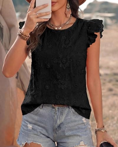 KIRUNDO Blouses for Women Dressy Casual Lace Ruffle Cap Sleeve Tops 2026 Summer Eyelet Floral Embroidered Cute Boho Shirts(Black, XX-Large) - Thumbnail 6