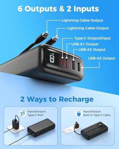 Eliegntist 51000mAh Portable Charger with Built-in USB-C & Lightning Cables, 22.5W Fast Charging Power Bank, High Capacity Battery Pack for iPhone, Samsung, Android, Travel, Camping - Thumbnail 3