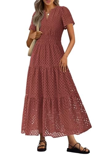 PRETTYGARDEN Womens 2026 Summer Maxi Dress Short Sleeve V Neck Hollow Out Eyelet A Line Long Flowy Beach Vacation Dresses (Brown Red,XX-Large) - Image 1