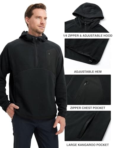 M MAELREG Mens Hoodies Microfleece Winter Warmth Golf Quarter Zip Hoodies Polar Fleece Hooded Sweatshirts for Men Black - Thumbnail 5