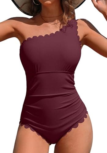 Charmo Bathing Suits One Piece Modest Swimsuit for Women One Shoulder Womens Ribbed Swim Suit Scalloped Full Coverage Burgundy XXL - Image 1