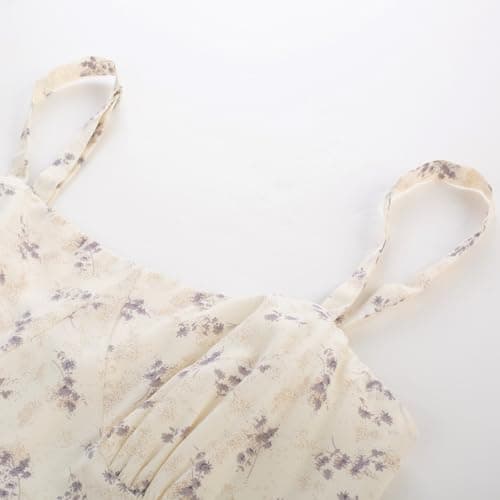 Belle Poque Flowy Smocked Back Sun Dress Midi Renaissance Cottagecore Dress Beige Purple Floral Dress for Women 2XL - Thumbnail 2