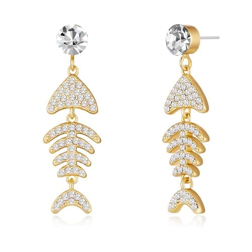 Lnmoieu Gold Fish Bone Earrings for Women 14K Gold Plated Dainty Fishbone Dangle Earrings Trendy Summer Beach Vacation Jewelry Gifts - Image 1