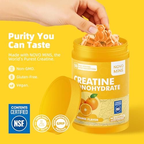 novomins Creatine Monohydrate Gummies 5000mg for Men & Women, Chewables Creatine Monohydrate for Muscle Strength, Muscle Builder, Energy Boost, Pre-Workout Supplement(90 Count)-Orange Flavor. - Thumbnail 4